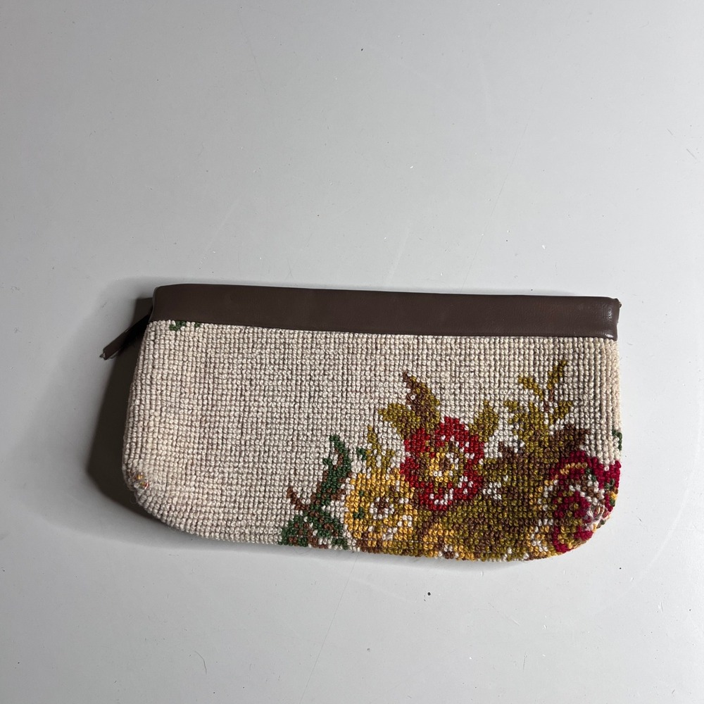 Vintage Floral Needlepoint Clutch Bag Brown Trim Zipper Pouch Cream Multi